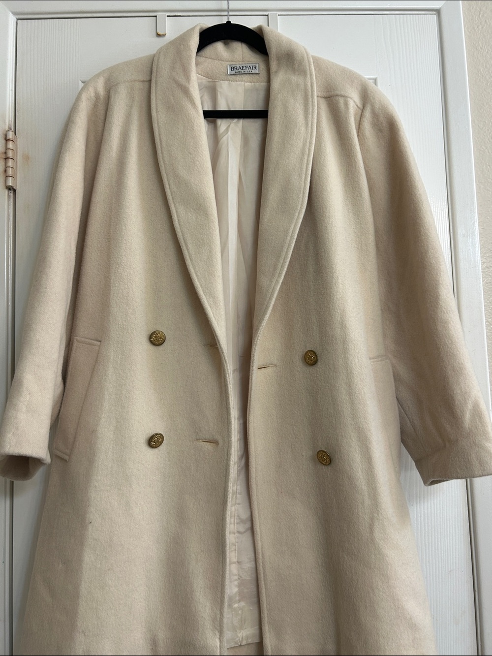 Vintage Braefair Ivory Wool Blend Double Breasted Coat Gold Crest Buttons